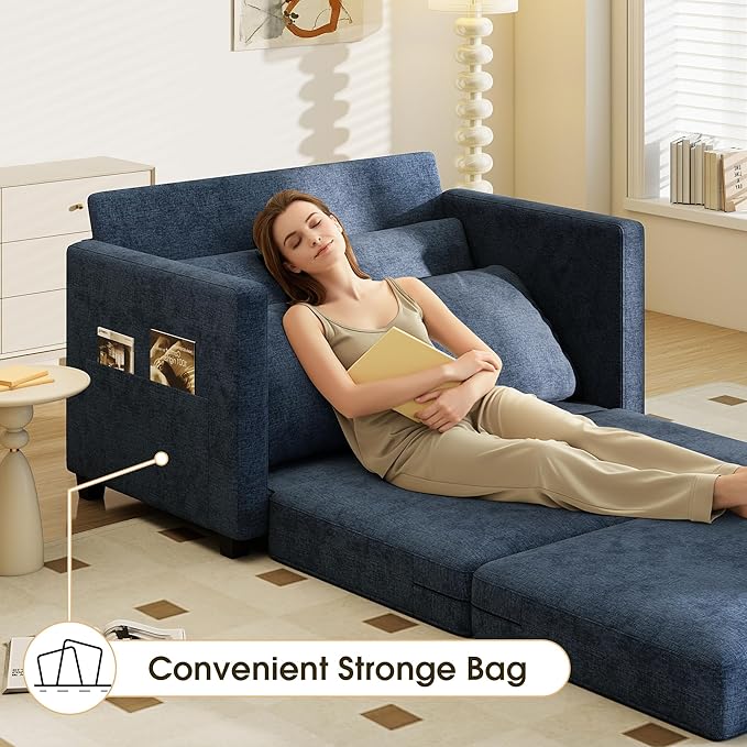 51" Convertible Sofa Bed, 2 in1 Folding Sofa Bed, Loveseat Sleeper Sofa for Small Spaces, Fold Out Floor Couch with 2 Pillows for Apartment, Living Room & Guest Room, Deep Blue Chenille Fabric