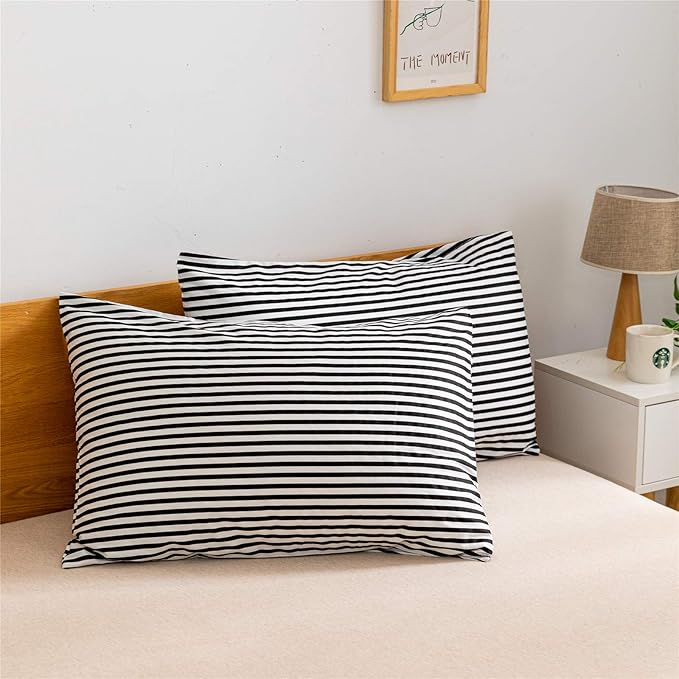 JELLYMONI 100% Natural Cotton 3pcs Striped Duvet Cover Sets,White Duvet Cover with Black Stripes Pattern Printed Comforter Cover,with Zipper Closure & Corner Ties(Queen Size)