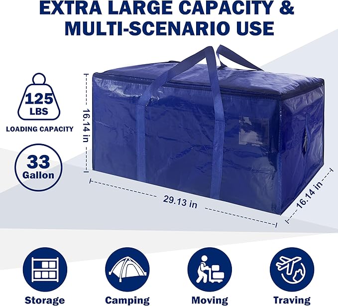 4 Pack Extra Heavy Duty Large Moving Bags with Strong Zipper & Carrying Handles, Sturdy Clothes Storage Bag Totes Bins, Packing Bags Moving Boxes College Moving Supplies, Dark Blue - 33 gal