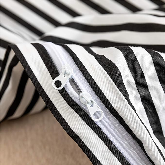 JELLYMONI 100% Natural Cotton 3pcs Striped Duvet Cover Sets,White Duvet Cover with Black Stripes Pattern Printed Comforter Cover,with Zipper Closure & Corner Ties(Full Size)