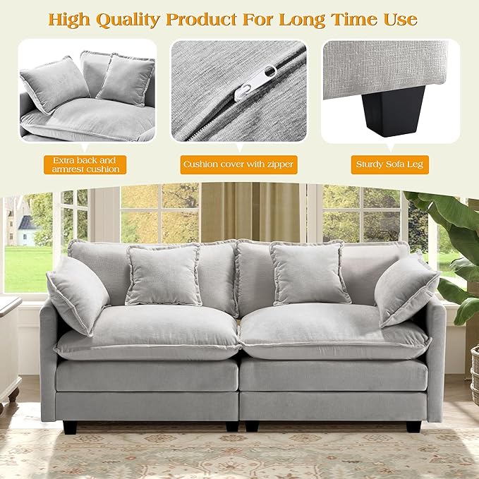 77.6" Modular Sectional Sofa,Loveseat Couch for Living Room, Modern Deep Seat Sofa 2 Seater Chenille Fabric Comfy Cloud Couches with Throw Pillows for Apartment,Small Spaces