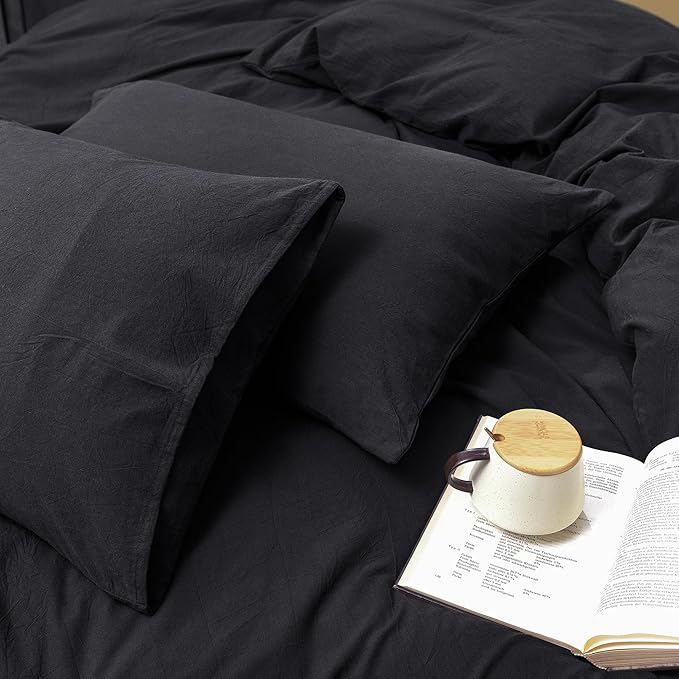 FOSSA Duvet Cover Set 100% Washed Cotton Linen Feel Super Soft Breathable Cozy 3 Pieces Bedding Sets Solid Black Super King Plus
