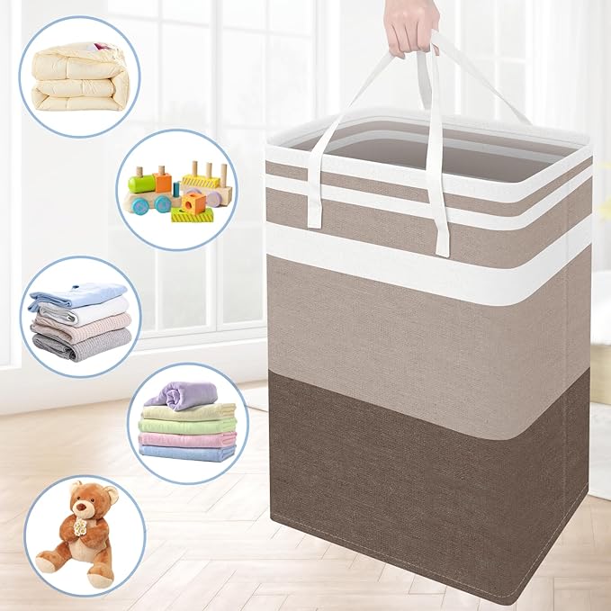 BlissTotes 3-Pack Laundry Basket, Freestanding＆Waterproof Laundry Hamper, Collapsible Tall Clothes Hamper with Easy Carry Handles for Clothes, Towels in the Family and Dorm,Gradient Khaki,100L