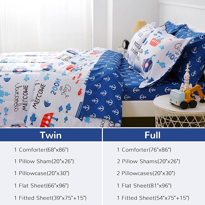 Viviland Kids Twin Bedding Sets for Boys, Soft Twin Comforter Set with Sheets, 5 Pieces Microfiber Bed in a Bag, Nautical Sea Ship