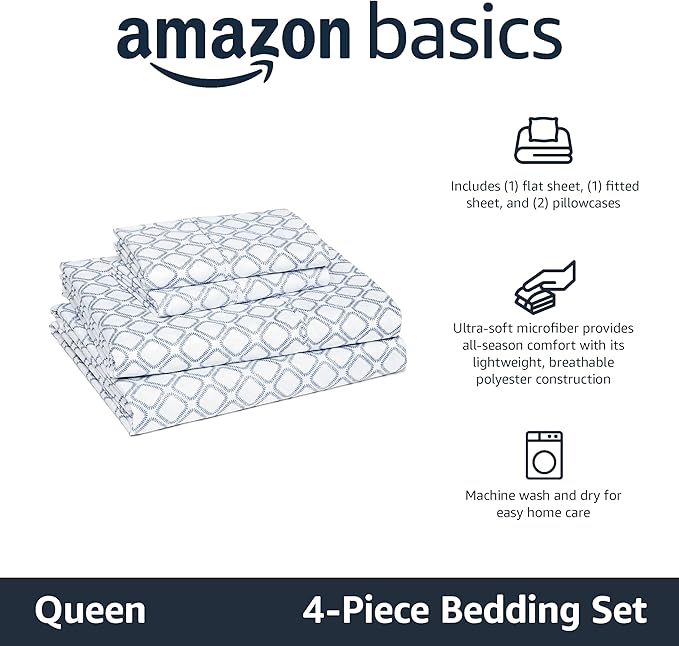 Amazon Basics Lightweight Microfiber 4-Piece Bed Sheet Set, Aqua, Printed, Queen AmazonBasics