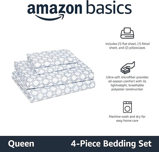 Amazon Basics Lightweight Microfiber 4-Piece Bed Sheet Set, Aqua, Printed, Queen AmazonBasics