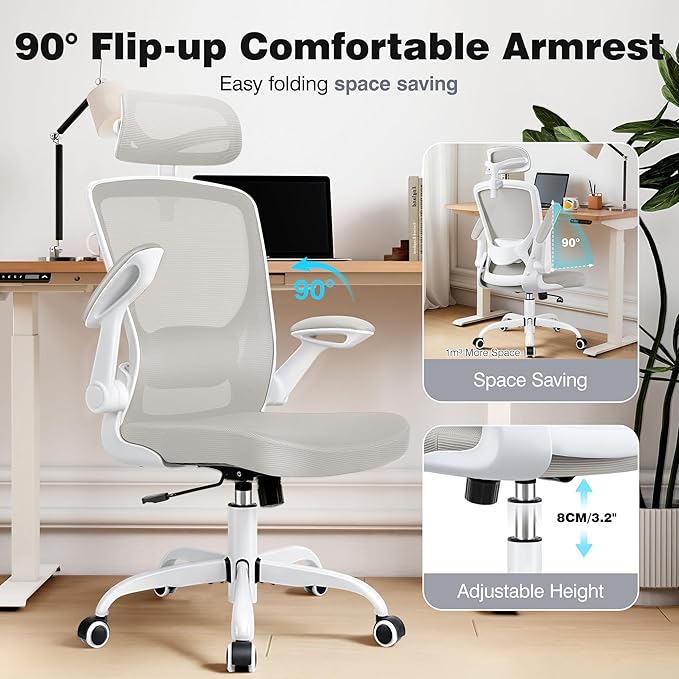 Office Desk Chair, Ergonomic Mesh Office Chair with Adjustable Lumbar Support, Headrest, Flip-up Armrests, Comfortable Computer Chairs for Home, Work, Gaming, Light Gray