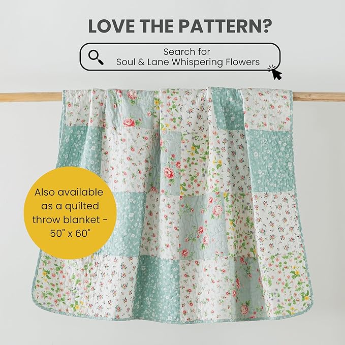 Soul & Lane Whispering Flowers Cotton Quilt Set - Queen Size with 2 Shams, White and Blue Pieced Patchwork Design, Country Floral Quilted Comforter, Lightweight Summer Farmhouse Bedding