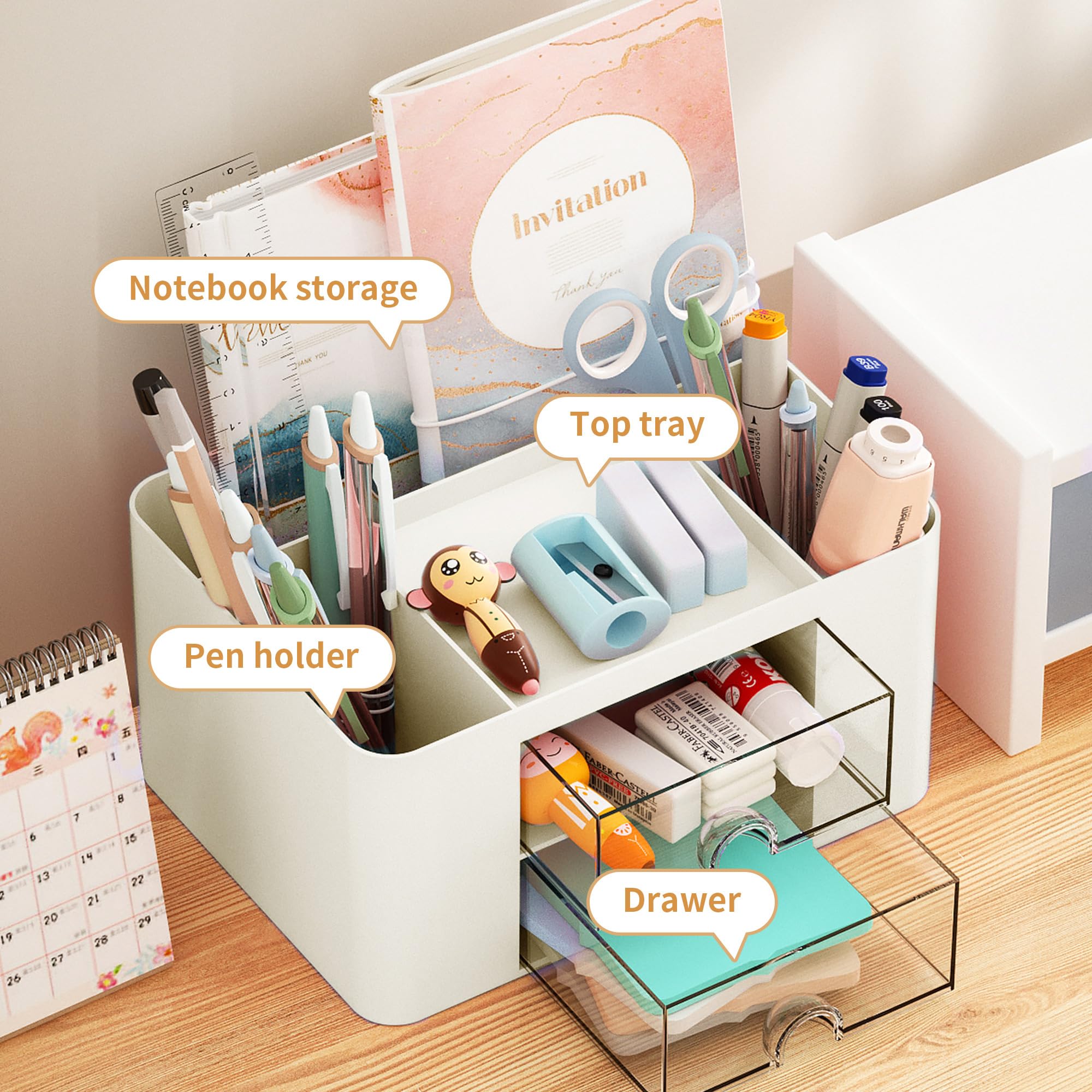 Marbrasse Pen Organizer with 2 Drawer, Multi-Functional Pencil Holder for Desk, Desk Organizers and Accessories with 5 Compartments + Drawer for Office Art Supplies (Blue) Dormly