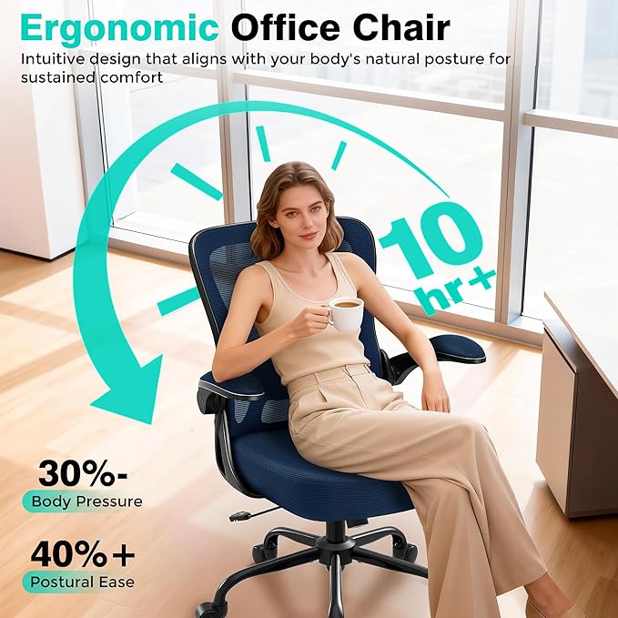 Office Chair - Ergonomic Breathable Mesh Desk Chair with Adjustable Lumbar Support and Flip-up Armrests - Executive High Back Rolling Swivel Comfortable Computer Gaming Chair for Home Office