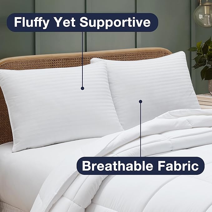 Casual Living Bed Pillows King Size Set of 2, Cotton Covers, Back, Stomach or Side Sleepers, Cooling Down Alternative, Washable, 20-inch x 36-inch, King Bed Pillows, White