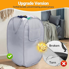 Sturdy Collapsible Laundry Baskets with Side Pocket, Pop Up Laundry Hamper Lightweight, Foldable Thick Fabric Clothes Basket with Reinforced Handles for Bedrooms, Dorm, Bathrooms, Travel Grey