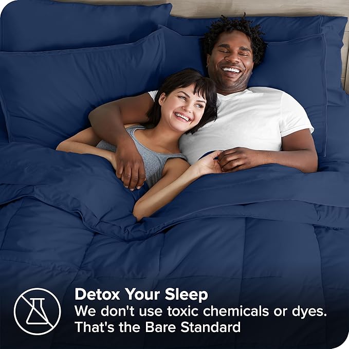Bare Home Bed-in-A-Bag 7 Piece Comforter & Sheet Set - Queen - Goose Down Alternative - Ultra-Soft 1800 Premium - Bedding Set (Queen, Dark Blue/Dark Blue)