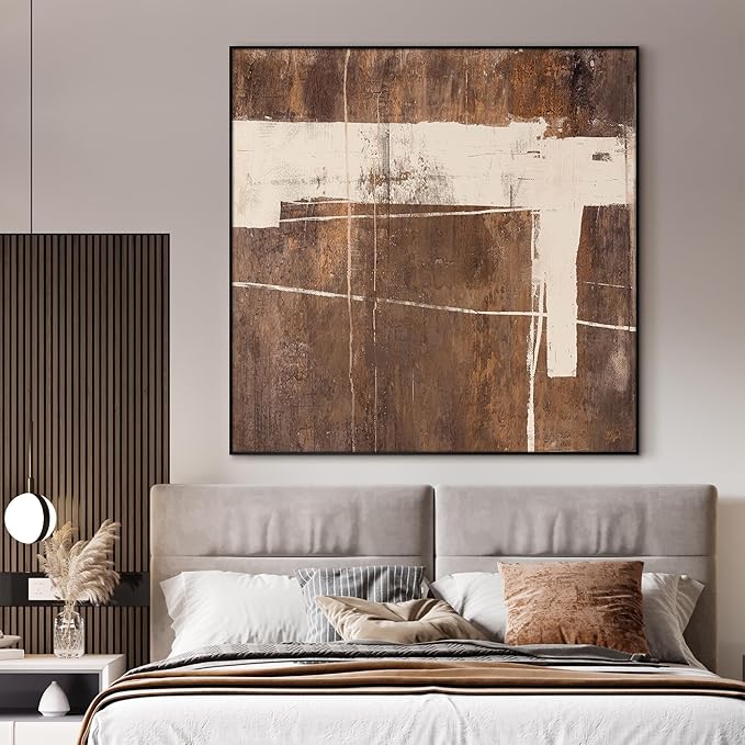 72"x72" XL Framed Wall Art - Rustic Brown and Beige Modern Design (Frame Assembly Required)