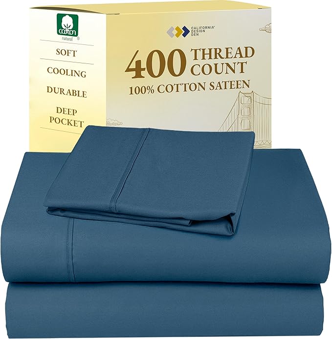 California Design Den Soft Twin Sheets Set - 400 Thread Count Sateen, Natural 100% Cotton Sheets, Deep Pockets, and Durable Bedding Set for Dorm Rooms & Adults - Peacock Blue CaliforniaDesignDen