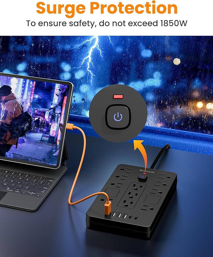 Surge Protector Power Strip - 11 Outlets(1850W/15A) with 6 USB Ports(2 USB C), 10FT Flat Plug Extension Cord, Wall Mount, Black, ETL Listed for Home, Dorm Room