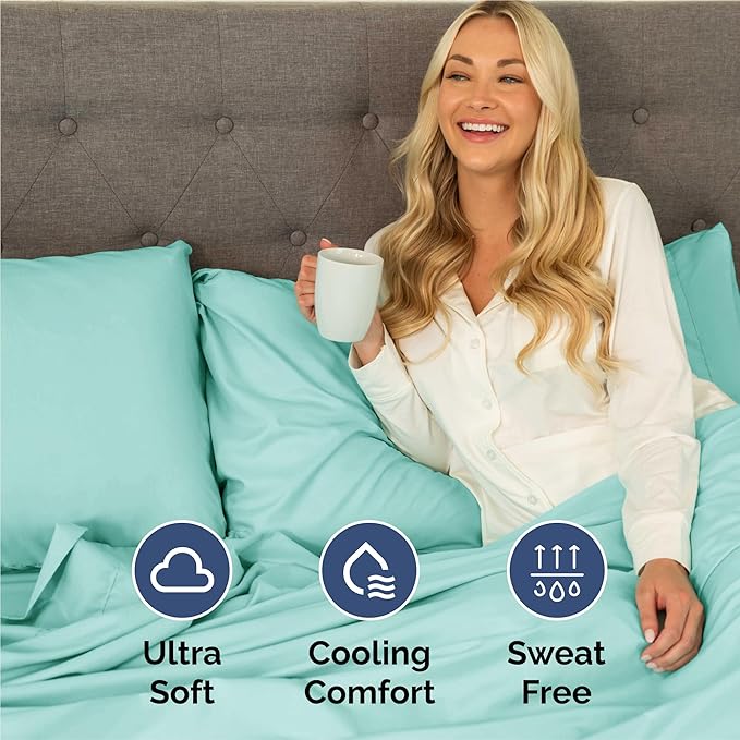 Split King 7 Piece Sheet Set - Cooling and Breathable Bed Sheets - Hotel Luxury Bed Sheets for Women, Men, Kids & Teens - Deep Pockets - Easy Fit - Soft and Wrinkle Free - Split King Spa Blue Sheets