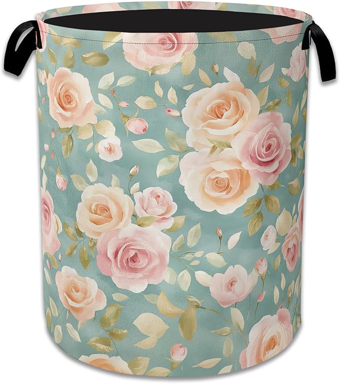 Vintage Pink Rose Laundry Basket,Foldable Waterproof Oxford Cloth Tote Bag Laundry Hamper with Handles,20.8"x16" Clothes Storage Bucket Organizer for Laundry Room, Bathroom, Bedroom