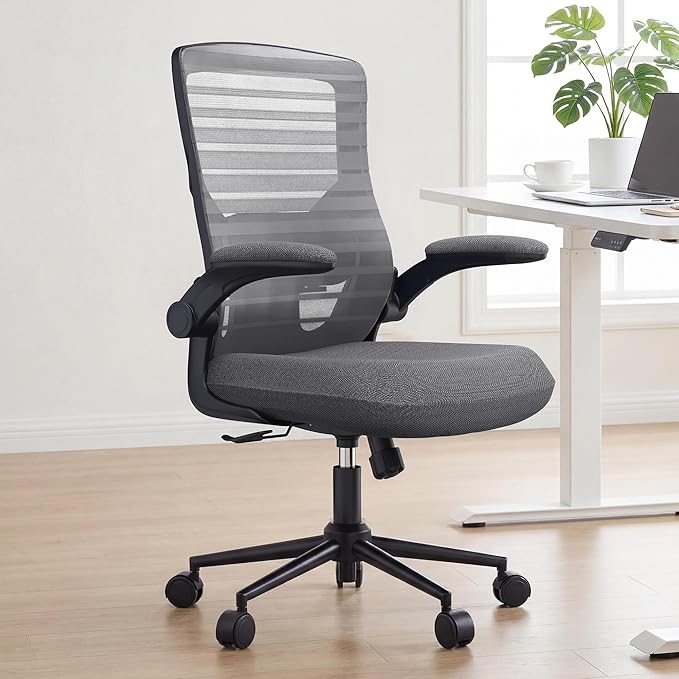 Office Desk Chair for Long Hours & Lower Back Pain Relief – 4“ Thick Molded Foam Cushion, Enhanced Lumbar Support, Padded Flip-up Armrests, Dark Gray