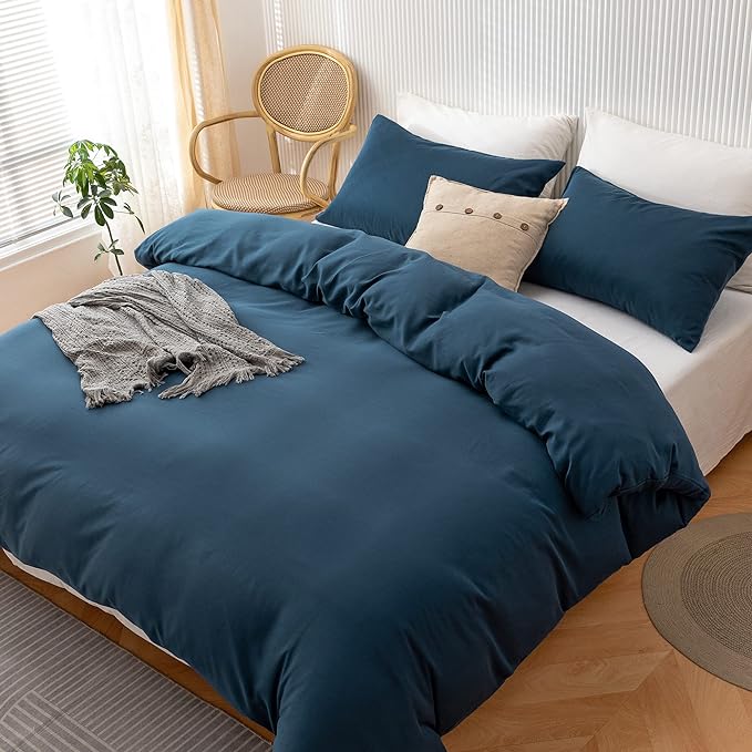 HeimenAogo Egyptian Cotton Duvet Cover Set Full, Ultra Soft and Breathable Comforter Cover with Zipper Closure, High Thread Count Long Staple Cotton Blanket Cover 3pcs Ensign Blue (80"×90")