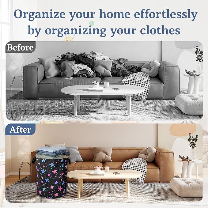 Blue Pink Stars Laundry Basket,Oxford Cloth Laundry Hamper With Handle Foldable Portable Clothes Storage Basket for Laundry Room/Bedroom/Bathroom 20.8"x16"