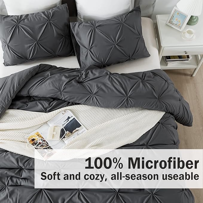 Andency Dark Gray Oversized King Comforter Set (120x98Inch), 3 Pieces Lightweight Pinch Pleat Cal King Bedding Comforters & Sets, Oversized Pintuck Soft Fluffy Down Alternative Bed Set for All Season