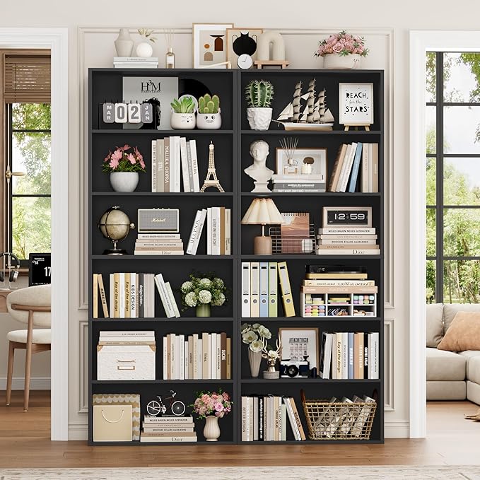FOTOSOK 6-Tier Open Bookcase and Bookshelf Set of 2, Freestanding Display Storage Shelves Tall Bookcase for Bedroom, Living Room and Office, Black