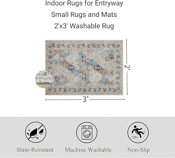 RCTJHOME 2'x3' Washable Entryway Rugs, Indoor Door Mat with 4 Non-Slip Tapes, Kitchen Bathroom Front Door Mat Indoor Entrance, Small Rugs and Mats, Cream Beige Blue Colorful