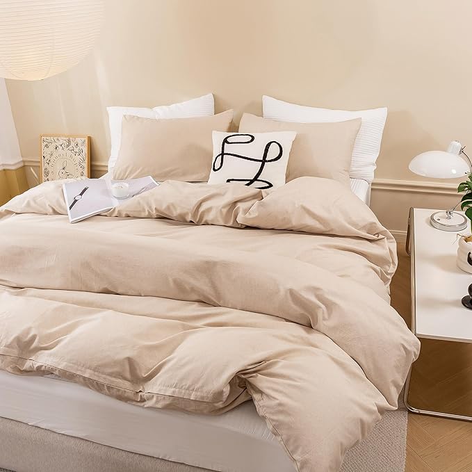 ECOCOTT Khaki Duvet Cover Queen Size - 100% Washed Cotton Durable Soft Comfy Duvet Cover Set, Lightweight and Breathable with Zipper Closure & Corner Ties (Khaki, 90''x90'')
