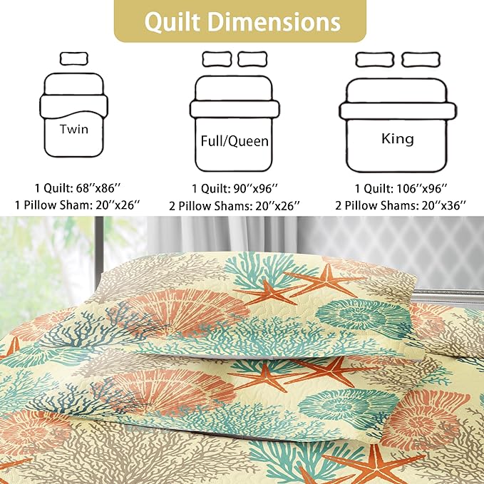 Tritard 3 Piece Coastal Quilt Sets Full/Queen Size - Reversible Microfiber Quilts with 2 Shams Soft Lightweight Beach Bedding Nautical Bedspread Coverlet Summer Comforter for All Season, 90''x96'', C4