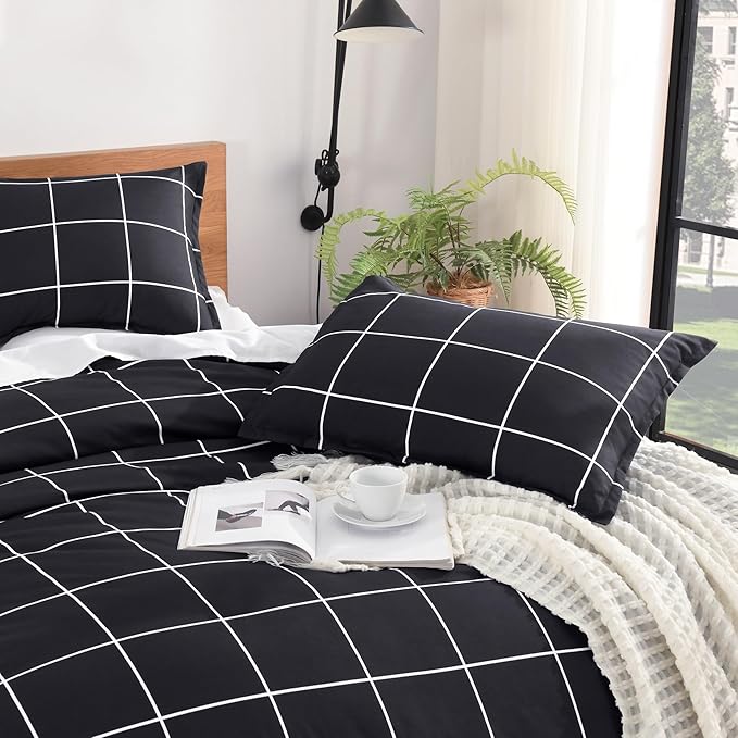 Andency Black Grid Comforter Set King(104x90Inch), 3 Pieces (1 Plaid Comforter and 2 Pillowcases) Black Plaid Comforter Set, Lightweight Microfiber Gingham Geometric Comforter Bedding Set