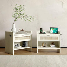 Rattan Nightstand Set of 2, Bedside Table with Type-C Charging Station - 1 Drawer & Open Storage Space, Boho End Table Side Table for Bedroom, Large Rattan Night Stand with Charging Port