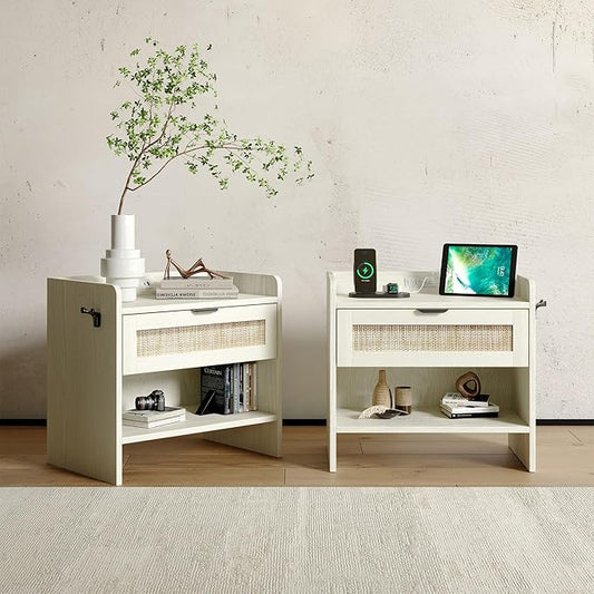 Rattan Nightstand Set of 2, Bedside Table with Type-C Charging Station - 1 Drawer & Open Storage Space, Boho End Table Side Table for Bedroom, Large Rattan Night Stand with Charging Port