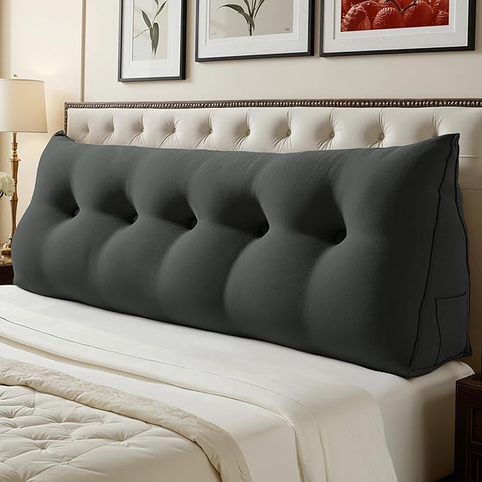 WOWMAX 85% Linen 15% Cotton Blend Headboard Pillow – Queen Size Reading Wedge Backrest for Bed, Handmade Firm Support Bolster Cushion with Removable Cover, Premium Bed Rest Pillow, Black