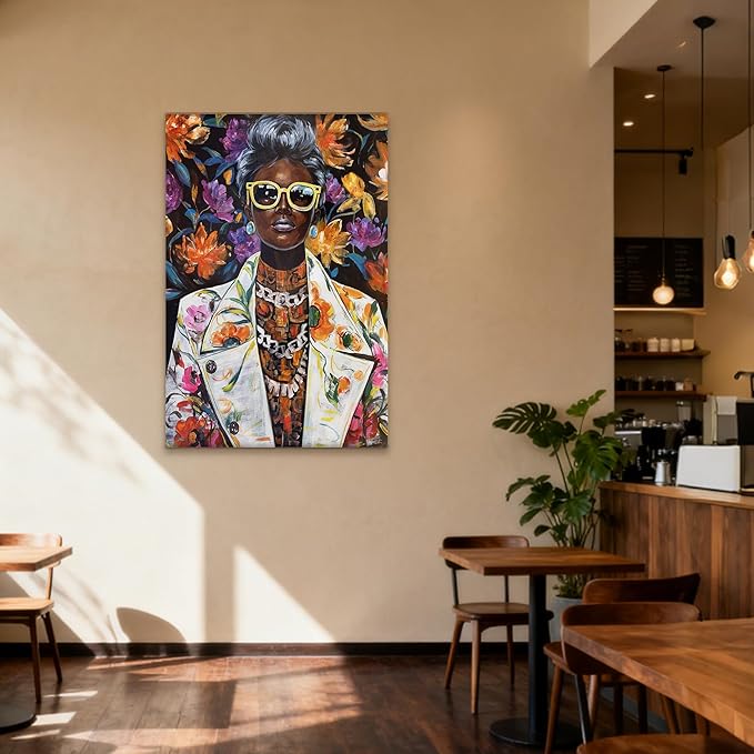 YETHEN WAL Afrocentric Canvas Wall Art – Black Woman Portrait Floral Wall Decor, Chic Modern Art Prints for Living Room, Bedroom, Office Decor, 32×48 Inch