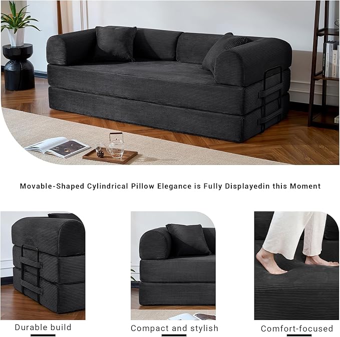 Compressed Sofa, Convertible Sofa Bed, Corduroy Compression Boneless Couch with Pillow, Comfy Modular Foldable Floor Sleeper Sofa for Bedroom, Living Room, Lounge, Studio (Black)