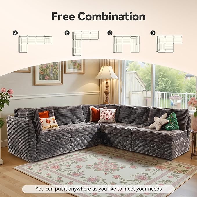 Modular Sectional Sofa,5 Pieces Sectional Couches for Living Room,131X65 L Shaped Cloud Couch with Oversized Convertible Modular Couch for Living Room