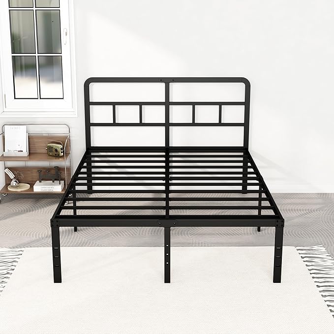 18 Inch Full Size Bed Frame with Headboard No Box Spring Needed, Heavy Duty Metal Platform with Steel Slat, Mattress Foundation, Easy Assembly, Noise Free, Black