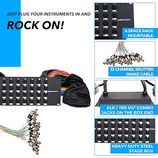 Seismic Audio Speakers Rack Mount 32 Channel XLR TRS Combo Splitter Snake Cable, 5’ And 15’ XLR Trunks, 32 Channel Splitter