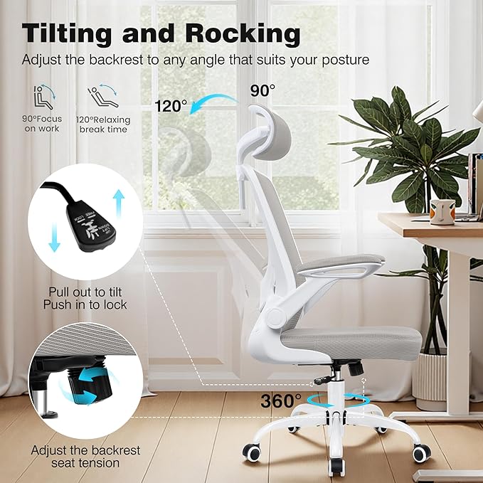 Office Desk Chair, Ergonomic Mesh Office Chair with Adjustable Lumbar Support, Headrest, Flip-up Armrests, Comfortable Computer Chairs for Home, Work, Gaming, Light Gray