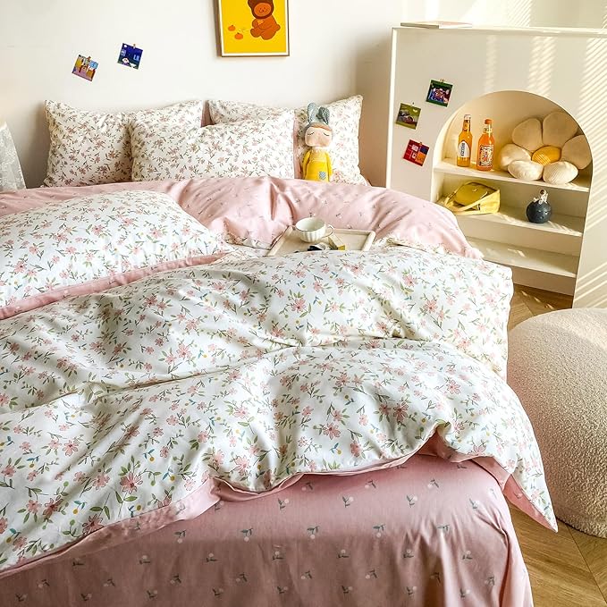 HighBuy Soft Cotton Floral Duvet Cover Twin XL White with Pink Floral Print,Garden Style Botanical Coquette Bedding Comforter Cover Bedding Set,Cottagecore 1 Twin XL Duvet Cover,2 Pillowcases