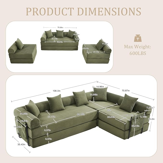 106" Oversized Convertible Sleeper Sofa Bed, Corduroy L Shape Sectional Couch, Folding Sofa Bed with Side Pocket, Modern Cloud Floor Mattress Couch, Modular Sofa for Living Room, Olive Green