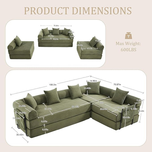 106" Oversized Convertible Sleeper Sofa Bed, Corduroy L Shape Sectional Couch, Folding Sofa Bed with Side Pocket, Modern Cloud Floor Mattress Couch, Modular Sofa for Living Room, Olive Green