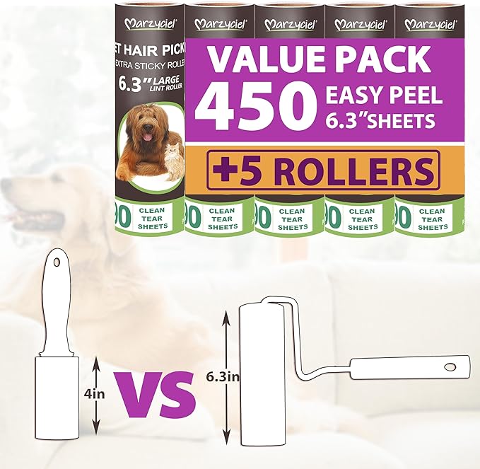 Extreme Sticky Large Surface Lint Roller, 6.3'' Giant Pet Hair Remover Roller for Pet Dog Cat Hair, Clothes&Furniture Cleaning, 90 Sheets (5 Refills)