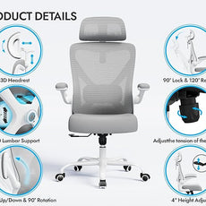 Ergonomic Office Chair: White Computer Desk Chair Comfy Gaming Chair for Adults - Office Chair with Lumbar Support & Headrest - Executive Office Rolling Chairs for Home Work (Grey)