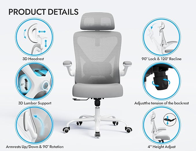 Ergonomic Office Chair: White Computer Desk Chair Comfy Gaming Chair for Adults - Office Chair with Lumbar Support & Headrest - Executive Office Rolling Chairs for Home Work (Grey)