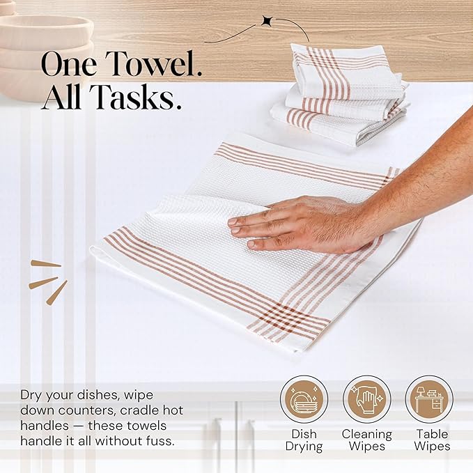 Brown and White Cotton Kitchen Towels 12 Pack, Waffle Weave, 16x26 Inch, Super Absorbent, Reversible, Quick Dry Dishcloths for Drying Dishes, Cleaning, Reusable, Everyday Use