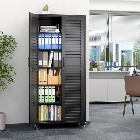 SUXXAN Garage Storage Cabinet with Wheels Pegboard and 5 Adjustable Shelves, 71"x 31.5"x15.8" Metal Lockable Cabinet with Louvered Doors, Tool Storage, Home Office Garage, Gym, School (Black)