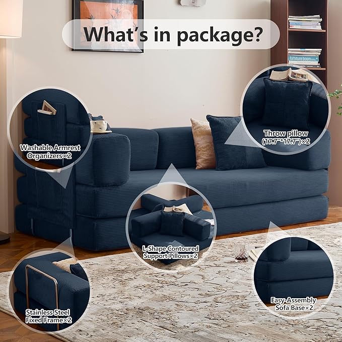 78.8" Convertible Sofa Bed -Compression Sofa with Corduroy Fabric - with Armrests and Backrest - Modular Sectional for Living Room, Bedroom, Studio - Compression Sofa in Box (Dark Blue)