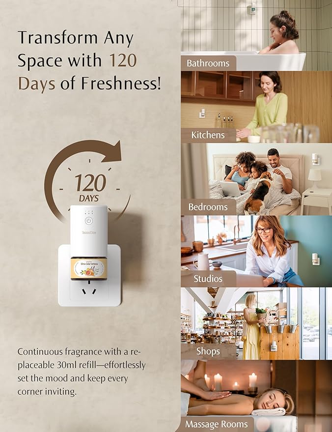 SF101 Pro Waterless Plug-In Air Freshener, 100% Plant-Based Ultrasonic Diffuser, Adjustable 120-Day Scent Air Mist, Covers 100㎡ for Home, Hotel-Amberwood Spice